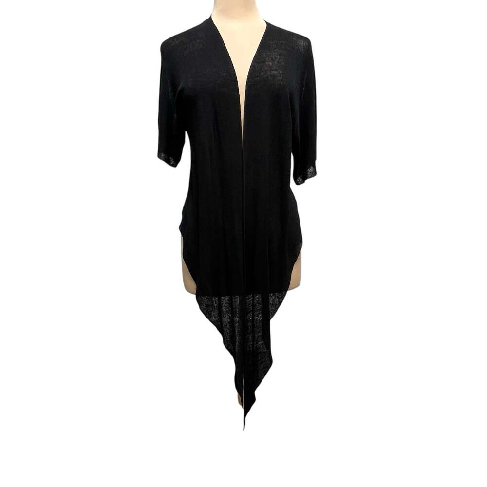 Eileen Fisher Organic Linen Knit Cardigan M Black Open Front Draped Asymmetrical